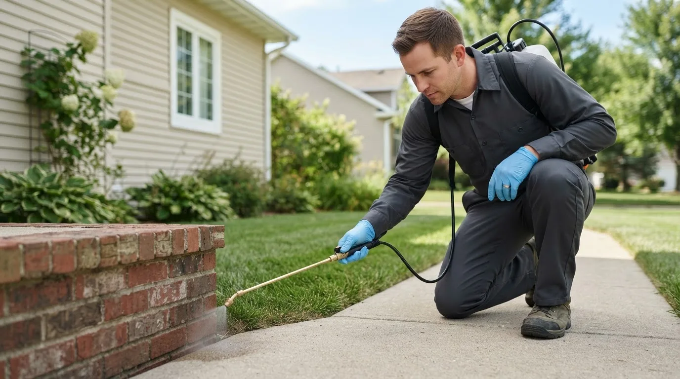 Pest control technician treating a home near Copper City, MI