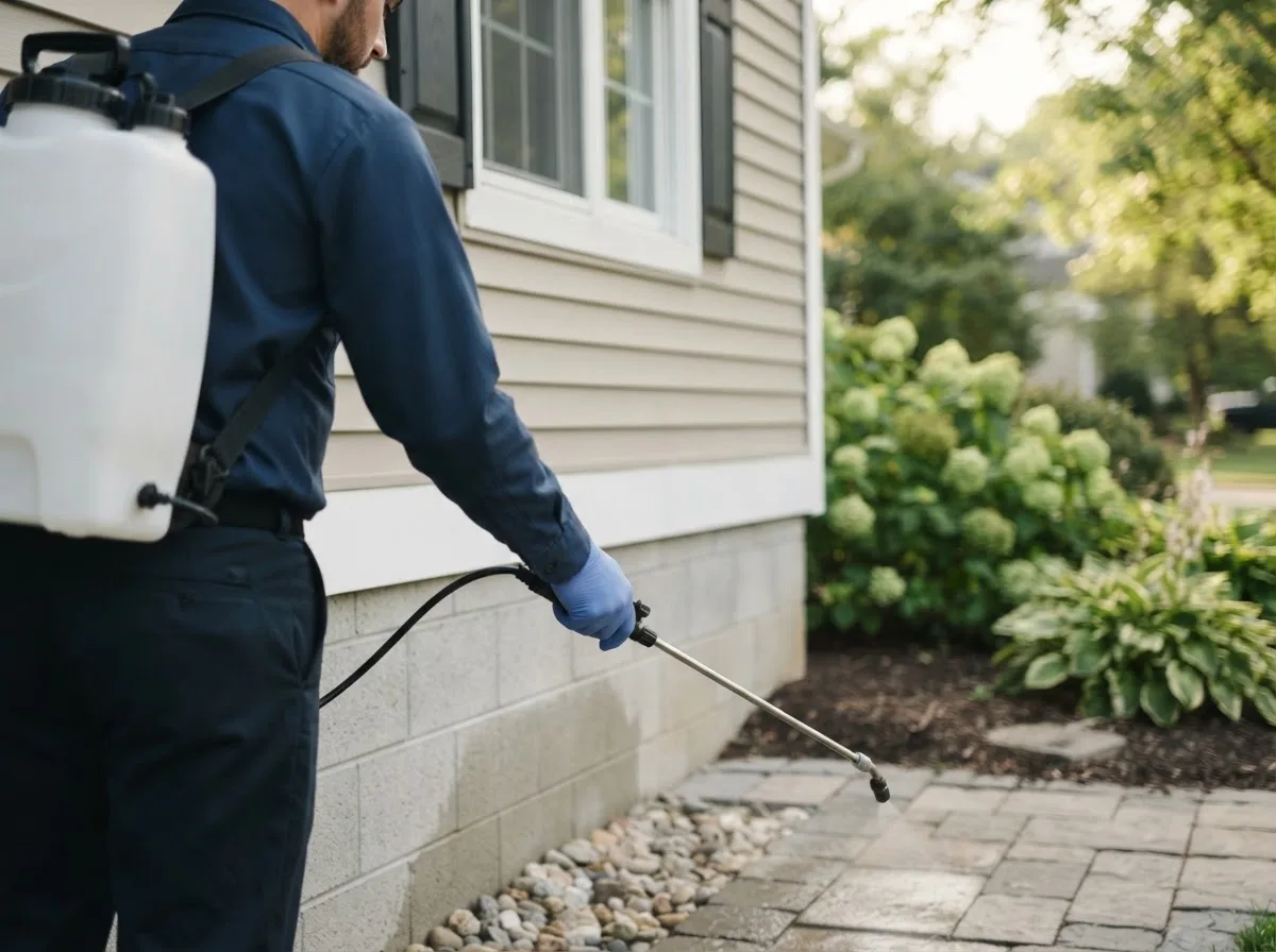 Pest control technician inspecting a home in Copper City, MI